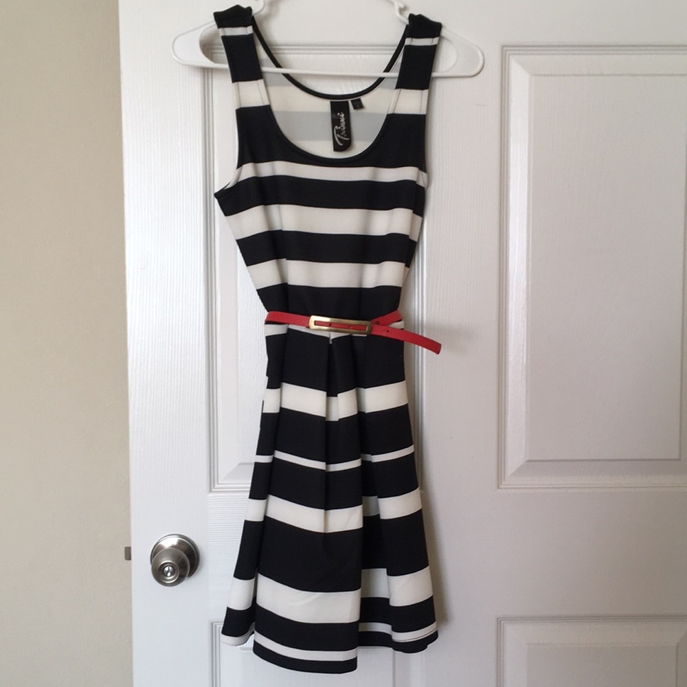 Black and White sleeveless dress with Red Belt